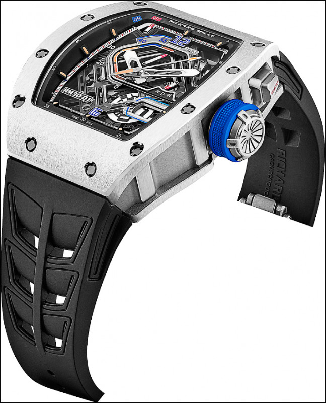 RICHARD MILLE RM 30-01離合擺陀自動上鍊腕錶，五級鈦合金款，尺寸42.00×49.94×17.59mm，防水深度50米。價格店洽。