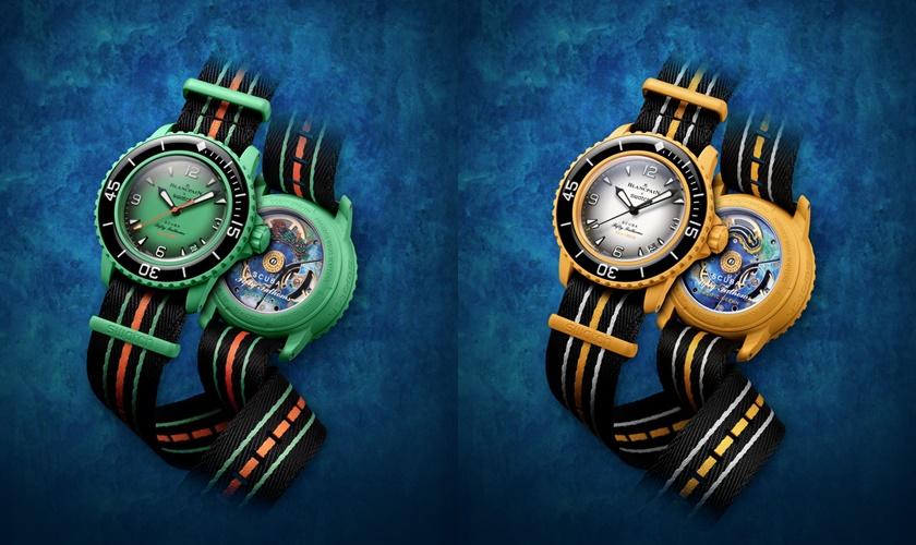 (左)Blancpain x Swatch INDIAN OCEAN、(右)Blancpain x Swatch PACIFIC OCEAN，各13,000元。