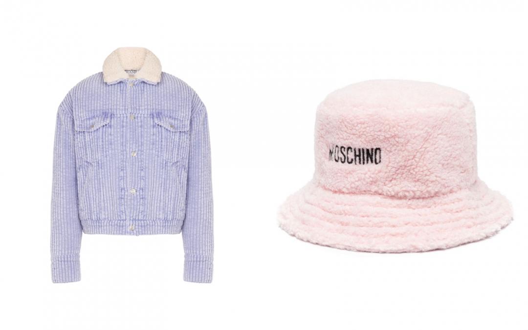 （左起）MOSCHINO M05CH1N0 Jeans燈芯絨牛仔夾克（NT$38,500）、LOGO羊羔絨漁夫帽（NT$9,500）。