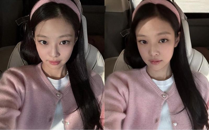 Jennie以粉紅色針織衫搭配同色系髮箍。（翻攝自instagram）