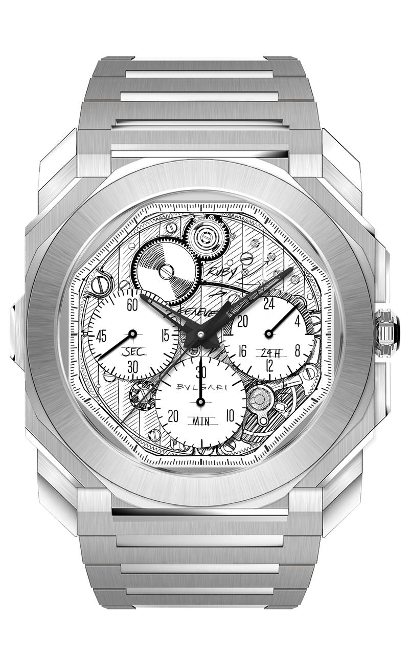 Octo Finissimo Chronograph GMT Sketch精鋼腕錶，搭載BVL 318超纖薄自動上鍊機芯，時分顯示、小秒盤、雙時區、計時功能，錶徑43mm，防水深度100米，價格店洽，全球限量140只。（BULGARI提供）