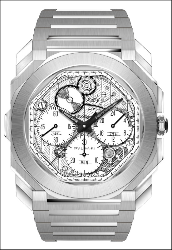 Octo Finissimo Chronograph GMT Sketch精鋼腕錶，搭載BVL 318超纖薄自動上鍊機芯，錶徑43mm，防水深度100米，全球限量140只。價格店洽。