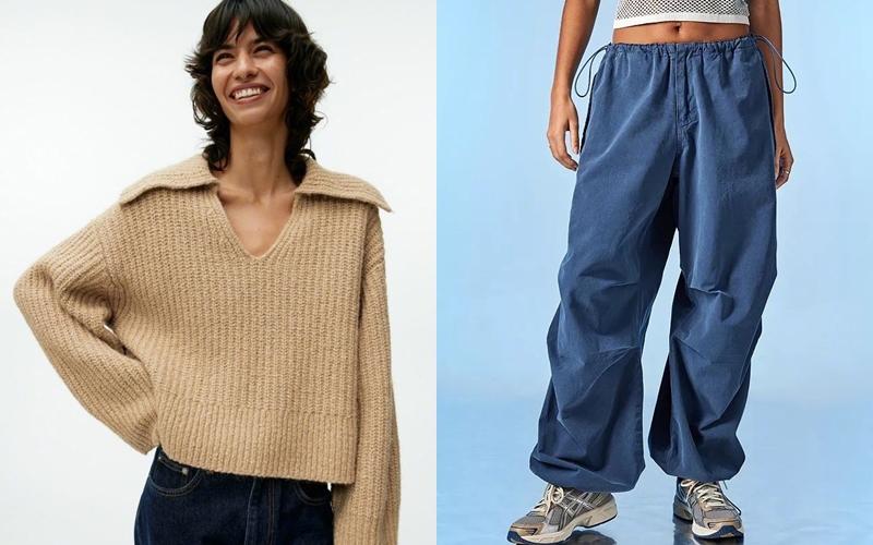 ARKET卡其色針織衫、搭配UrbanOutfitters抽繩褲。（翻攝自weibo）