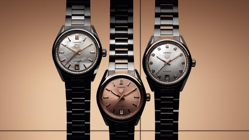 （左至右）TAG Heuer Carrera日期36毫米自動腕錶精鋼鑲鑽款、紅銅面雙色半金款、雙色半金鑲鑽款，皆搭載Calibre 7自動上鍊機芯，時分秒顯示、日期窗，錶徑36mm，防水深度50米。價格分別為158,200元、163,200元、227,100元。（TAG Heuer提供）