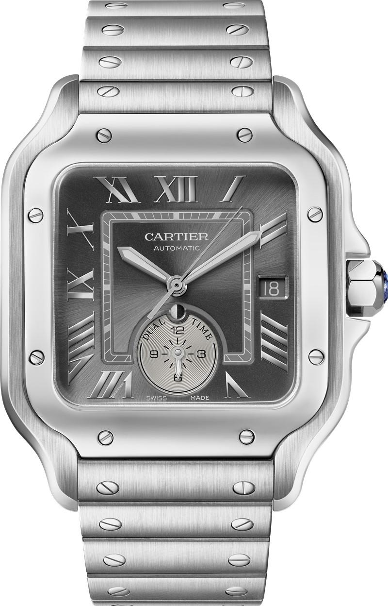 Santos de Cartier Dual Time腕錶，搭載自動上鍊機械機芯，精鋼錶殼，時分顯示、兩地時區，尺寸40.2 x 47.5mm，防水深度100米，價格店洽。（Cartier提供）