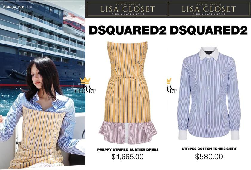 DSQUQRED 2黃色條紋洋裝、藍色條紋襯衫。（翻攝自lalisam_closet IG）