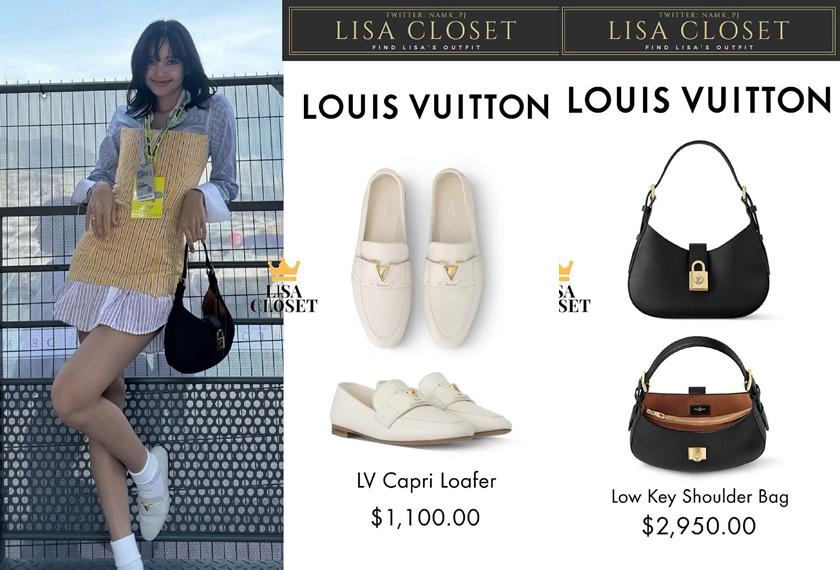 腳踩Louis Vuitton的白色平底鞋、手拎黑色小鎖頭包。（翻攝自lalisam_closet IG）