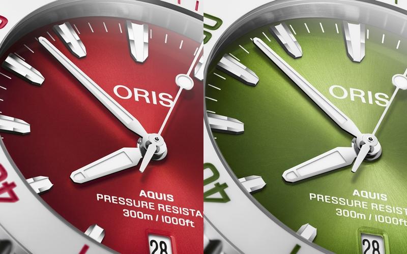 迎接夏日之際，Oris Aquis潛水錶推出兩款新色錶盤，分別是西瓜紅、西瓜綠。（Oris提供）