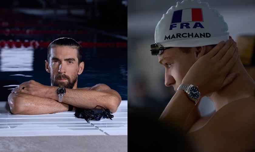 (左)游泳好手「飛魚」Michael Phelps、(右)游泳新秀Léon Marchand共同演繹全新海馬Aqua Terra 150米系列。