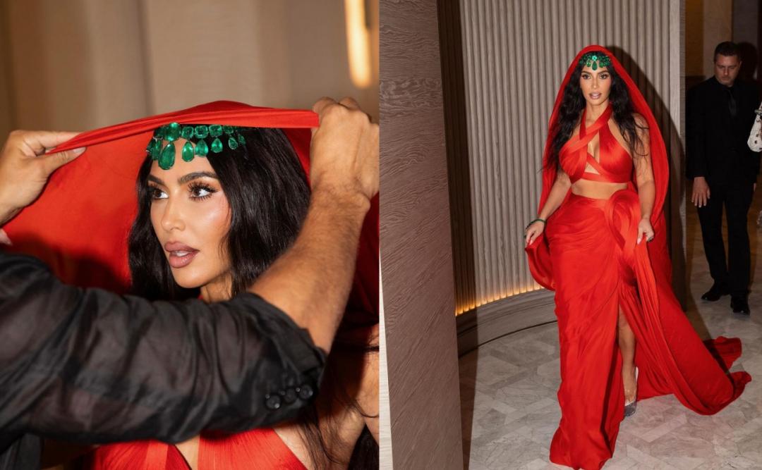 Kim Kardashian另一套紅色禮服用祖母綠頭飾搭配。（截自kimkardashian IG）