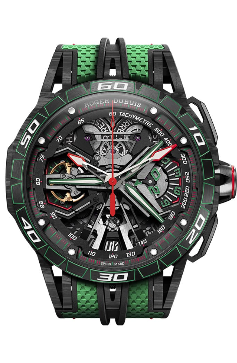 Roger Dubuis與藍寶堅尼聯手，打造全新Excalibur Spider Flyback Chronograph王者競速系列極速綠飛返計時碼錶，3,455,000元。（Roger Dubuis提供，以下同）