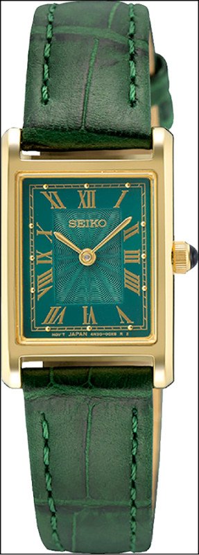 Seiko Ladies孔雀綠腕錶SWR098P1，色彩或輪廓都流露復古氣質。9,600元。