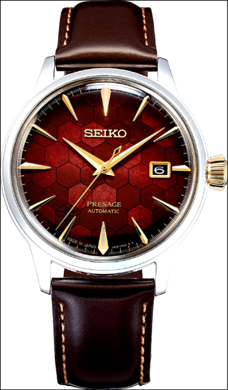 Seiko Presage石榴調酒機械腕錶SRPL21J1，紅金配色典雅大方。22,000元。