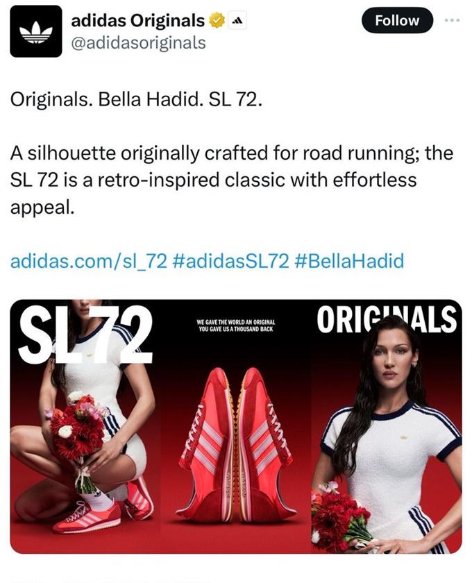 adidas找來貝拉穿上SL72系列復古運動鞋，採到種族巨雷。