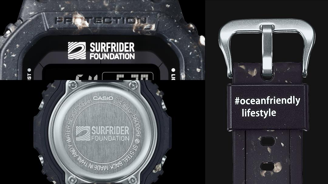 錶面和背蓋都飾有Surfrider Foundation 標誌，錶帶扣環則印有「#oceanfriendly lifestyle」主題標籤。