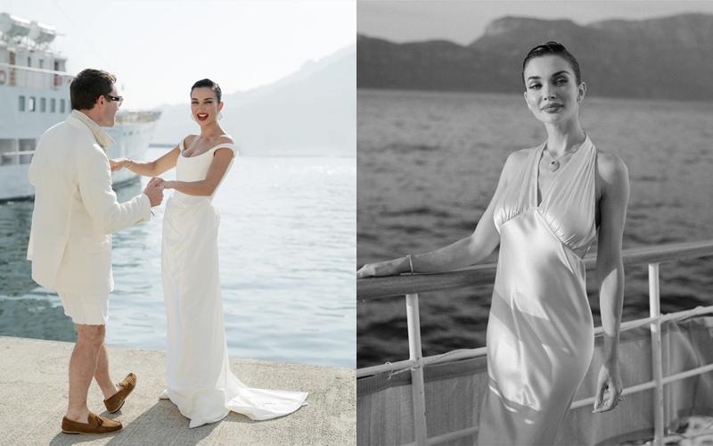 身為新娘艾米傑克遜的派對造型超多變，左為Vivienne Westwood、右為Saint Laurent的白色禮服呈現百變風格。（翻攝自instagram）