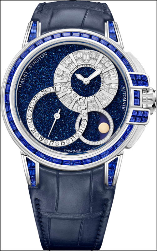 海洋Ocean系列Date Moon Phase Baguette 42毫米自動腕錶，藍色釕晶錶盤，5,150,000元。