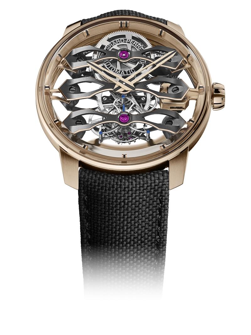 Girard-Perregaux Bridges金橋系列三飛橋陀飛輪腕錶2024 GWD特別款，搭載GP09400-1273 自動上鍊機械機芯，時間顯示、陀飛輪，錶徑44mm，防水深度30米，5,538,000元。（Girard-Perregaux提供）