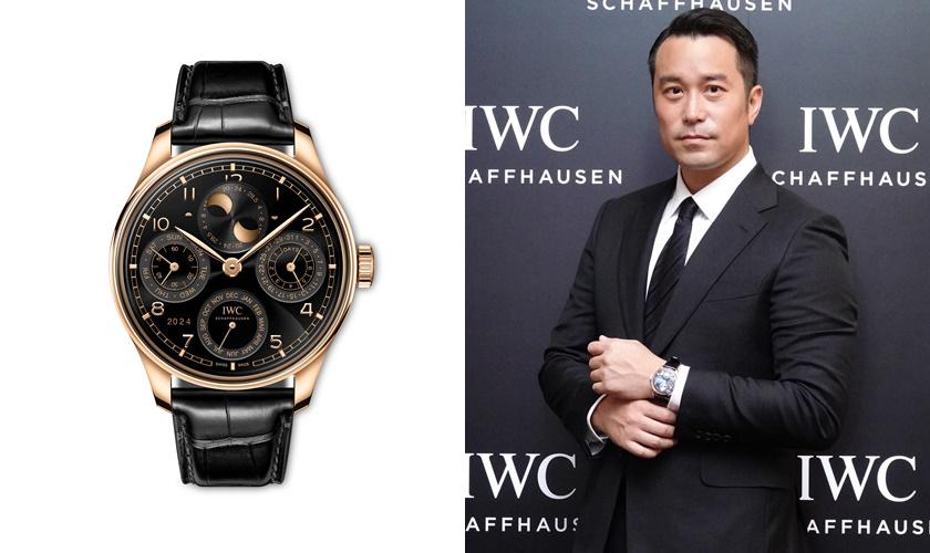 張孝全佩戴全新IWC曜石黑葡萄牙萬年曆腕錶。(IWC提供、記者潘少棠攝)