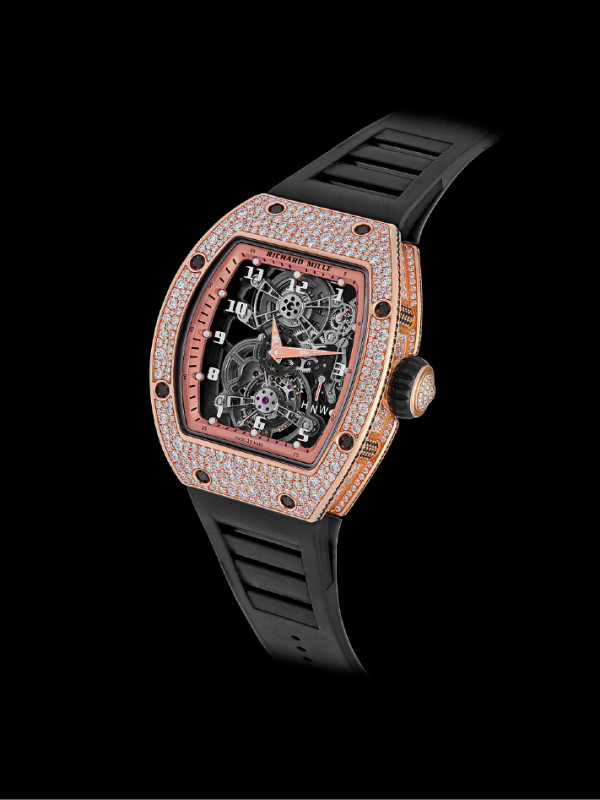 RICHARD MILLE RM 17-01雪花鑲嵌陀飛輪腕錶，紅金鑲鑽錶殼，尺寸31.25×29.45mm，防水深度50米，價格店洽。