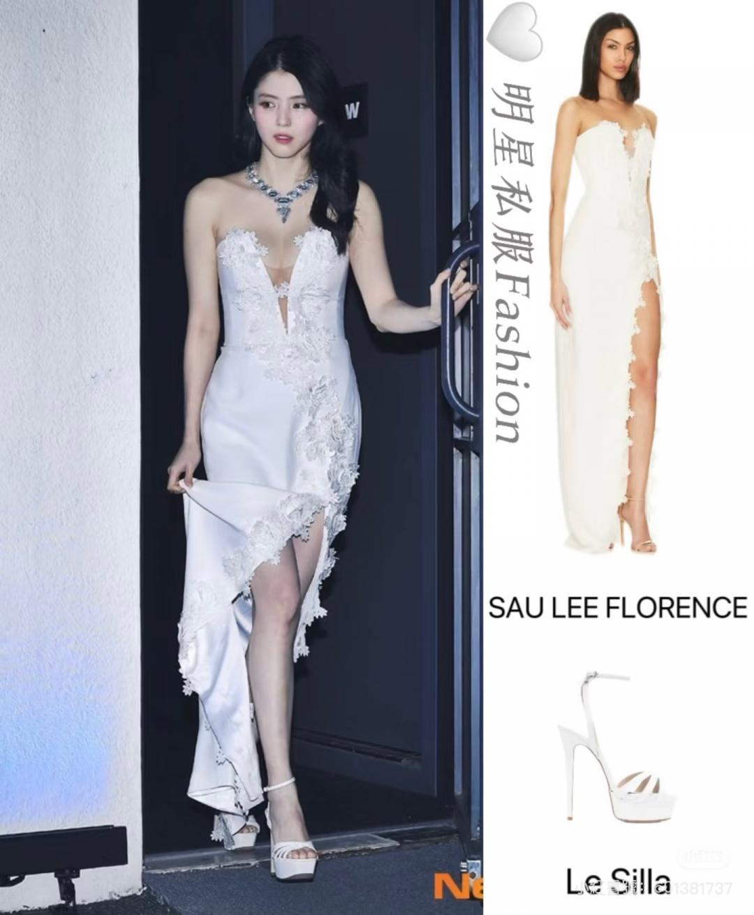 韓素希穿著一襲SAU LEE FLORENCE的白色深V高衩禮服，