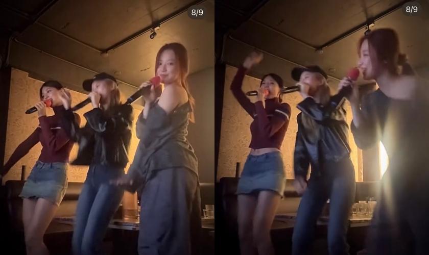 三人慶生後還續攤嗨唱，舒華大露肩和子瑜的中空裝比性感。