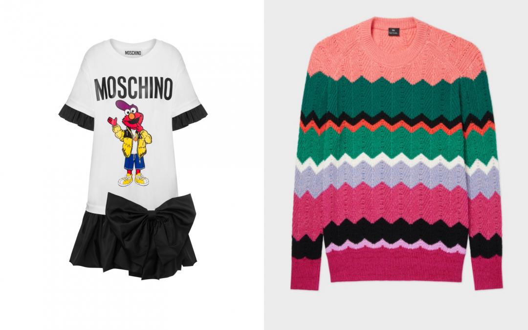 11／20限定商品：（左起）MOSCHINO Elmo蝴蝶結洋裝，特價NT$800元（原價NT$36,500）；Paul Smith粉色鋸齒條紋針織衫，特價NT$1,000元（原價NT$15,300）。