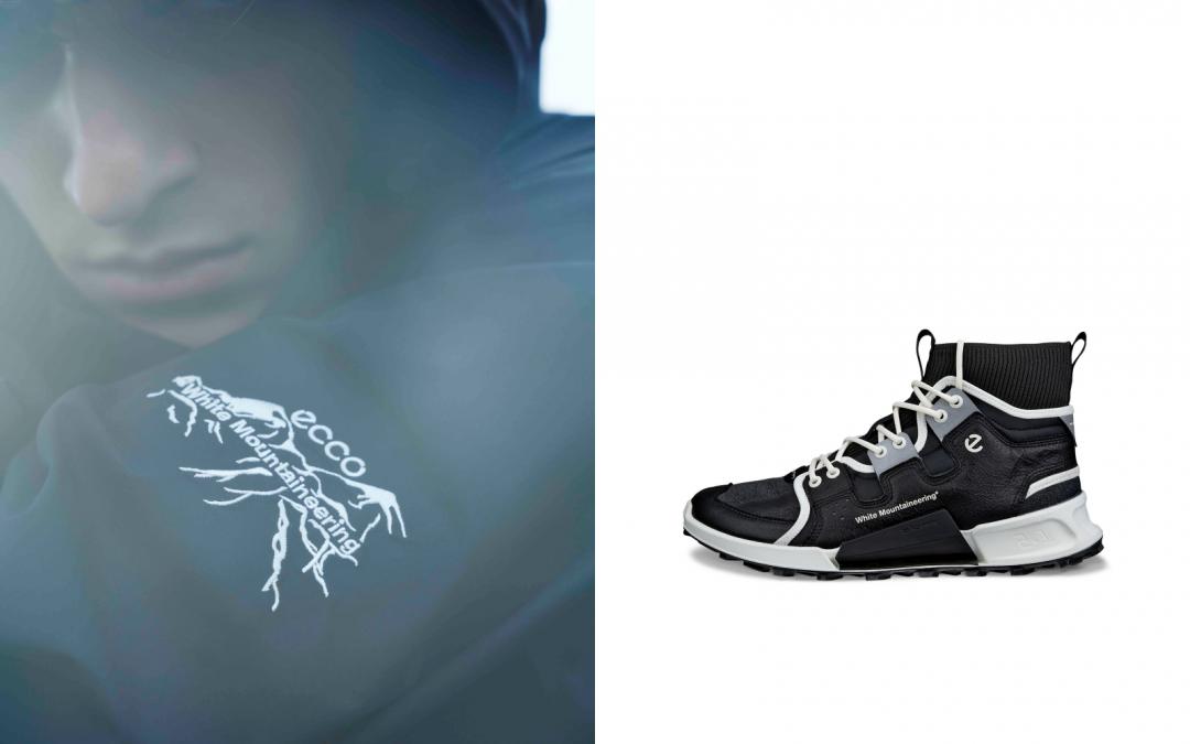 ECCOＸWhite Mountaineering首次推出聯名服飾，刺繡聯名Logo十分精緻。（右）聯名系列BIOM 2.1ＸMOUNTAIN男鞋，售價NT$13,800元。