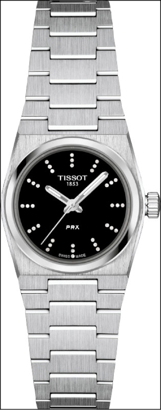 TISSOT PRX系列25毫米腕錶融入珠寶設計概念，可見在黑錶盤點綴了鑽石時標，13,100元。