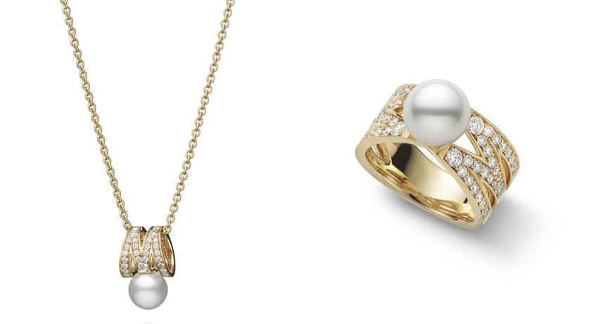 MIKIMOTO M Signature系列珍珠鑲鑽墜鍊215,000元、戒指329,000元。(MIKIMOTO提供)