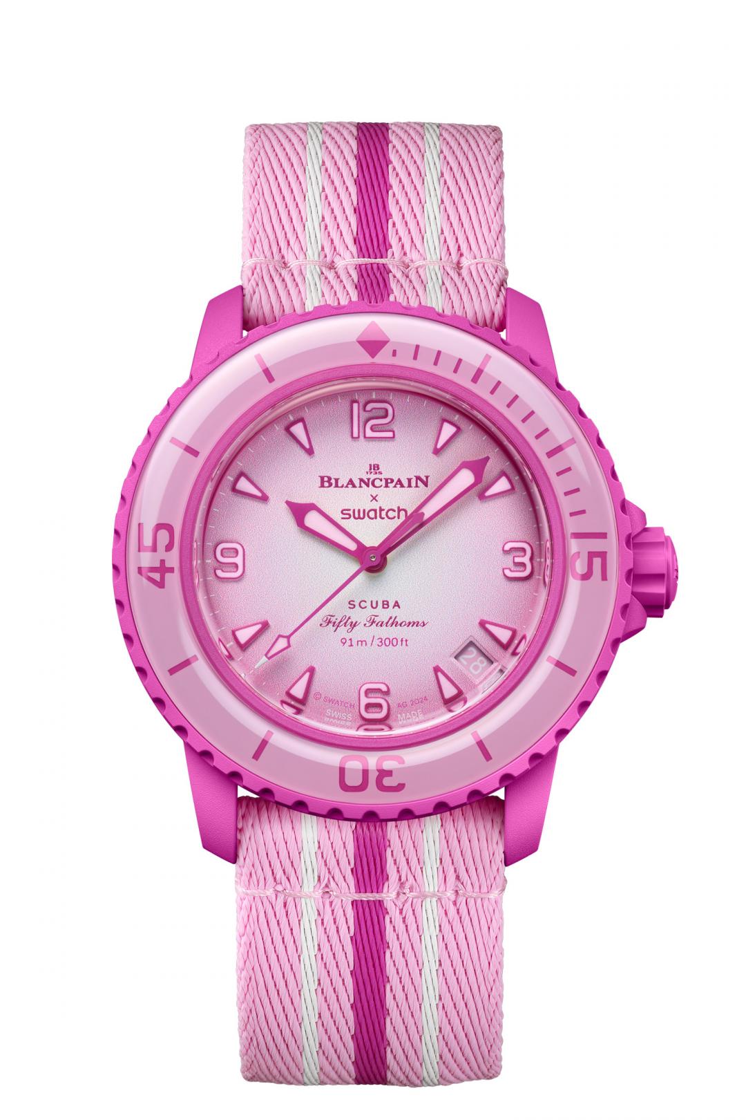 Swatch x Blancpain Bioceramic Scuba Fifty Fathoms系列PINK OCEAN錶款，13,000元，僅在Swatch 西門形象店、台北101門市及台中新光三越門市販售。（Swatch提供，以下同）