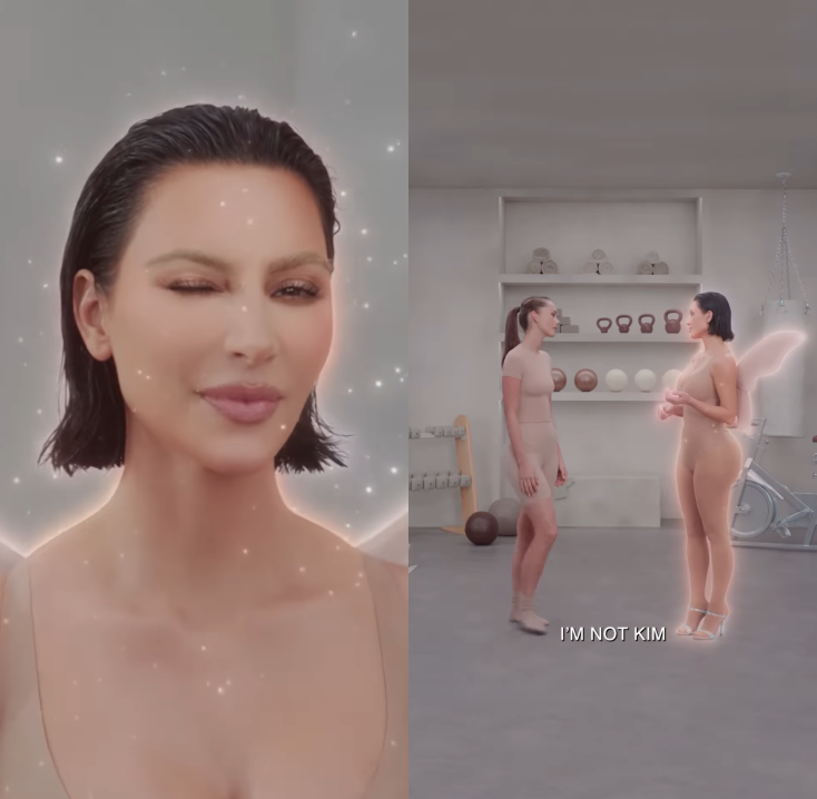 Kim Kardashian在廣告中的穿著造型與刻意往後梳的髮型都被認為與Bianca Censori相似度超高。（截自skims IG）