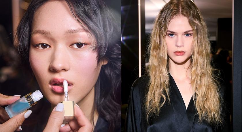 秀場後台為模特兒搽上寶寶藍潤唇油，具淡淡提亮潤色效果。