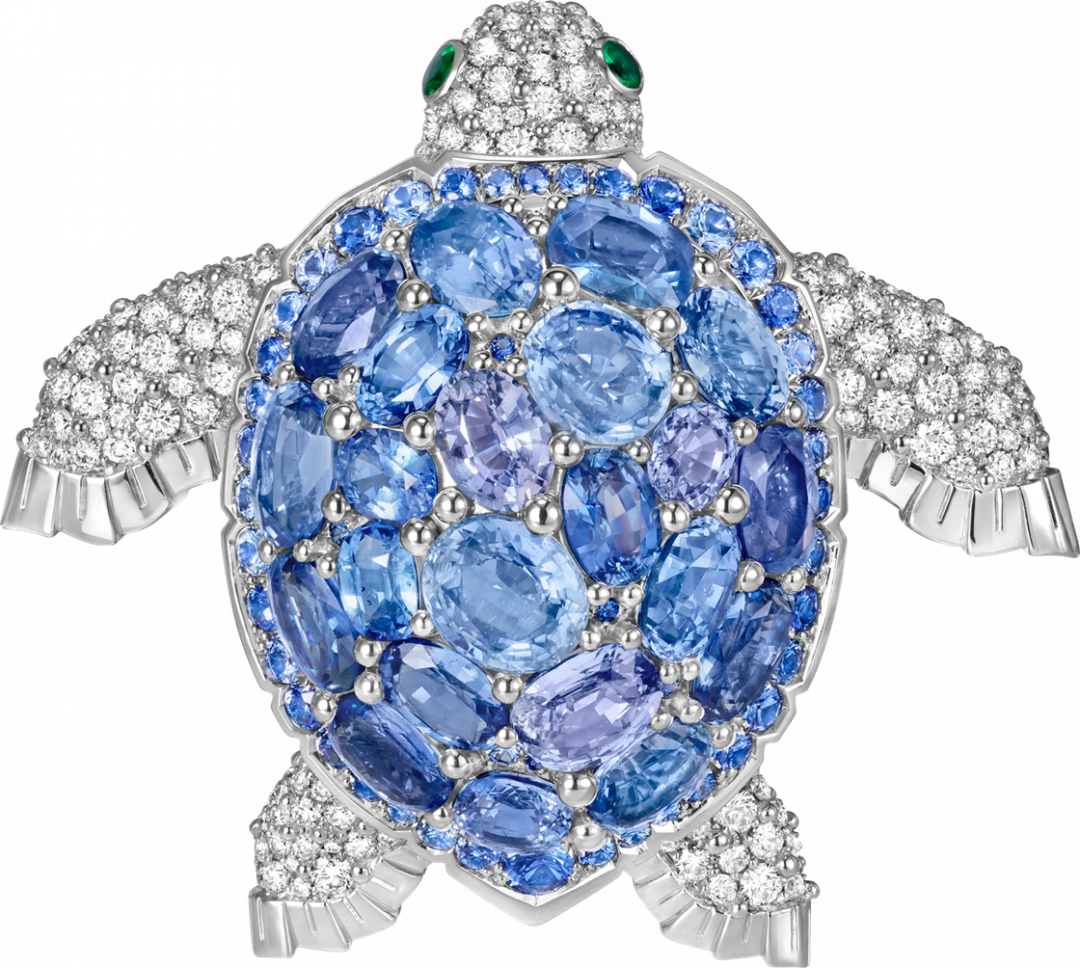Tortue de Cocos bleue胸針，白K金鑲嵌藍寶石、祖母綠、鑽石。