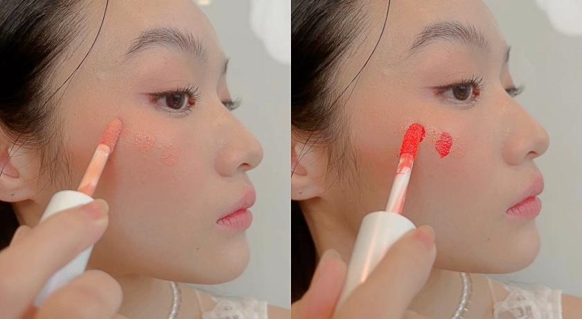 糖葫蘆腮紅畫法，先以打亮蜜點間隔開三點、再用腮紅蜜點在中間。（記者劉雅嫺攝）