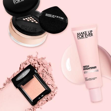 MAKE UP FOR EVER第一步好氣色妝前乳#粉色30ml/1,550元；HD SKIN 粉無痕柔霧輕感修片蜜粉#0.1戀愛粉18g/1,700元。