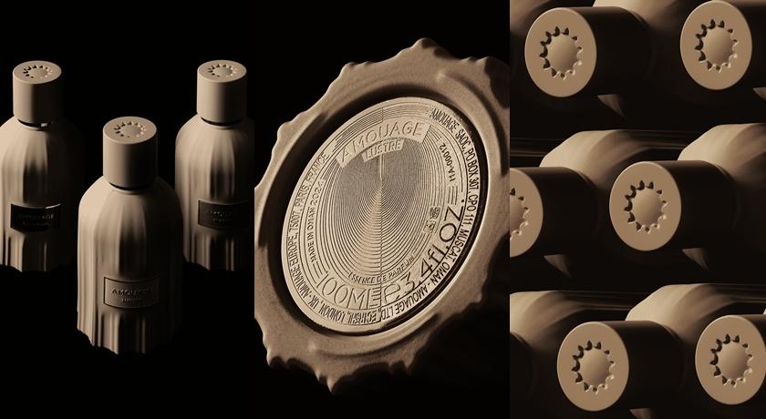 瓶身外層為細膩的啞光木沙色陶瓷，自頂部俯視時，優雅雕刻脊紋構成AMOUAGE標誌性十二角盾。