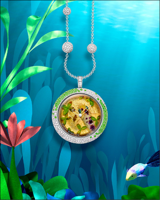 海瑞溫斯頓Wild Treasures金魚腕錶–Whispers of the forest森林低語，金魚腕錶可拆下當成項鍊吊墜。