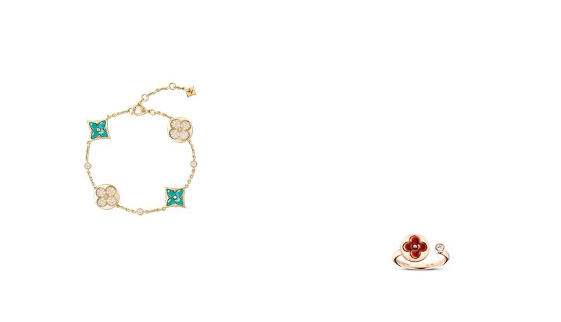 左：Color Blossom配黃K金、天河石及鑽石手鍊 ，335,000元、右：Color Blossom玫瑰K金、紅玉髓及鑽石戒指，101,000元。（Louis Vuitton提供）