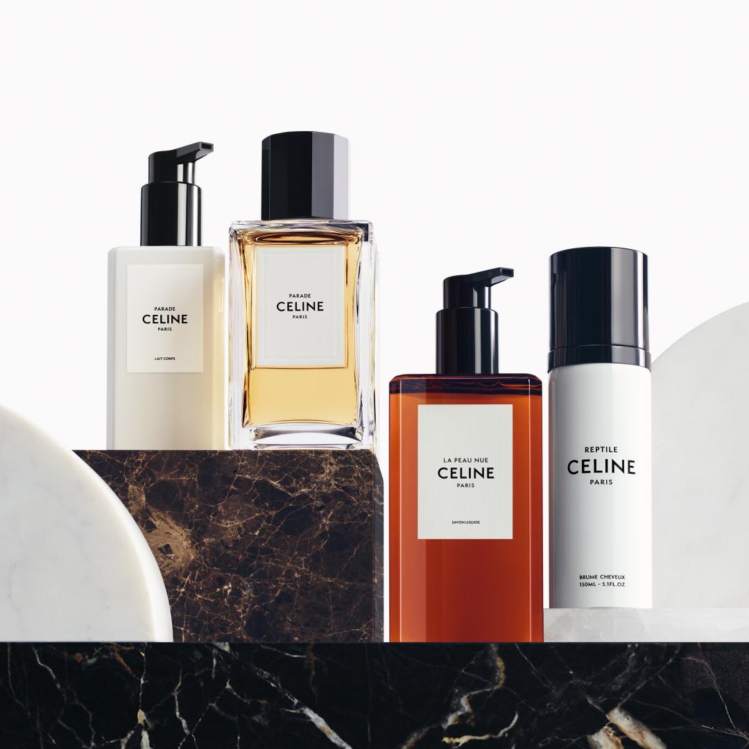 (左起)CELINE PARADE香氛身體乳、PARADE高訂香水、LA PEAU NUE手部身體清潔凝露、REPTILE髮香噴霧。