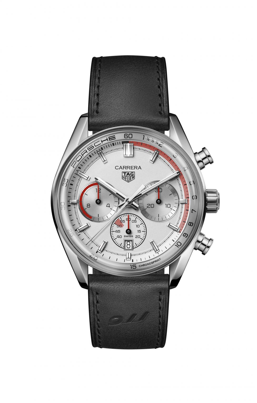 TAG Heuer Carrera Chronosprint x Porsche 計時腕錶，精鋼款，302,900元。（TAG Heuer提供）