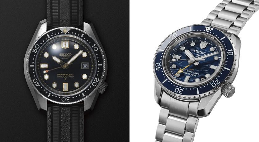 （左）SEIKO在1968年推出的潛水錶，以4點鐘位置錶冠為特色；（右）SEIKO Prospex 1968 GMT復刻潛水錶，約70,900元，全球限量6,000只。