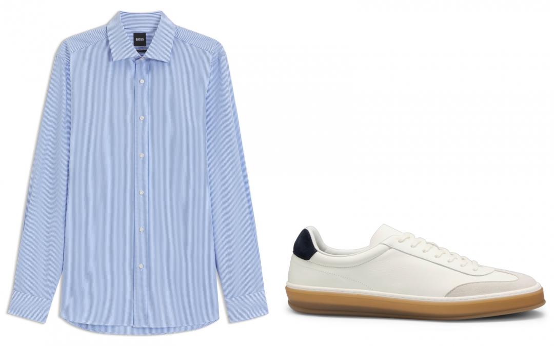 （左起）藍色條紋襯衫（NT$6,600）、白色皮革休閒鞋（NT$13,400）。