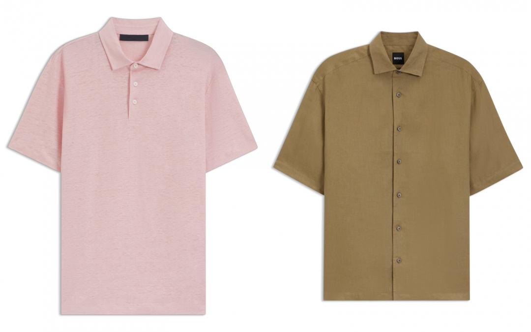 （左起）淡粉色亞麻Polo衫（NT$6,900）、駝色亞麻短袖襯衫（NT$6,200）。