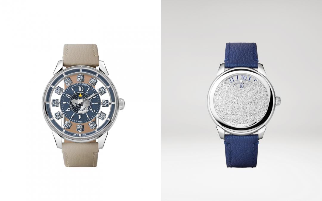 （左）Tambour Taiko Spin Time Air Antipode，自動機芯，42.5毫米，白K金，售價NT$$3,620,000元。（右）Tambour Convergence，自動機芯，37毫米，鉑金及鑽石，售價NT$2,200,000元。