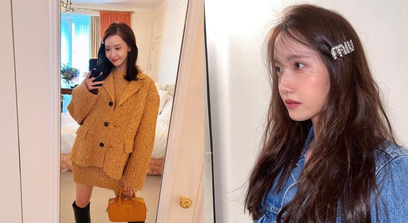 就連髮型上也有調整，搭配MIU MIU女孩風的造型，潤娥常常旁分別髮夾展現俏皮感。
