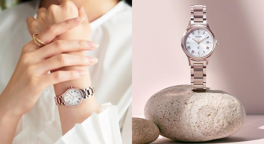 CITIZEN xC系列輕奢光櫻花粉紅金腕錶，27毫米鈦金屬錶殼，32,900元。