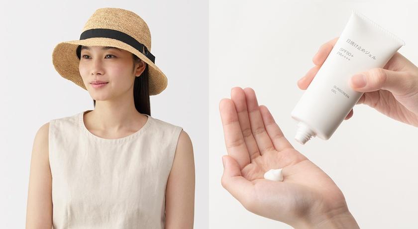 (左)椰纖編織可折疊紳士帽，1,590元；(右)UV防曬水凝乳SPF50+PA++++，490元。