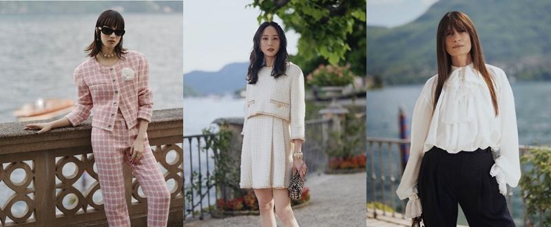 左起：小松菜奈、張鈞甯、卡羅琳德邁格雷，換一套服裝後，繼續在義大利科莫湖畔拍時尚大片，每個畫面都超級美。（翻攝自instagram）