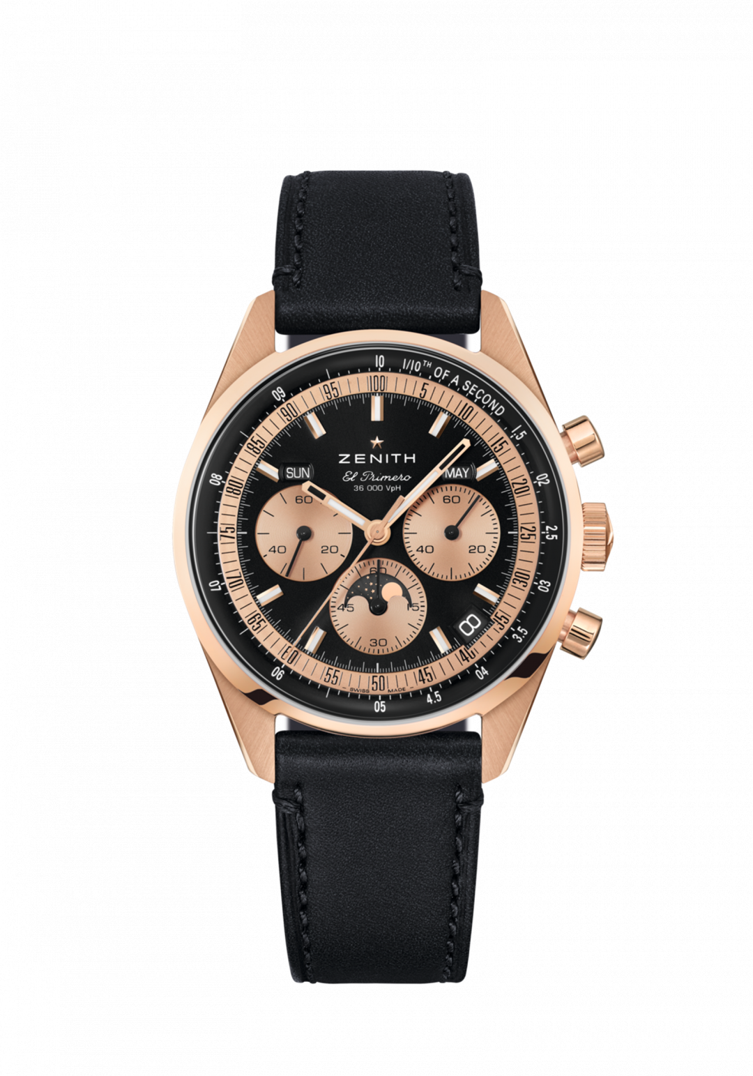 搭載El Primero 3610型自動上鍊機芯，18K玫瑰金錶殼，時間顯示、計時功能、月相功能、全日曆顯示（日期、星期、月份），錶徑38mm，防水深度50米，924,500元。（ZENITH提供）